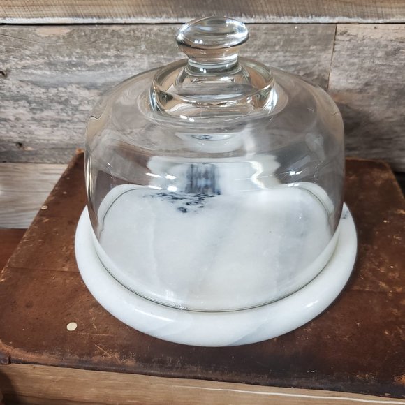 Vintage Other - Marble Cheese Server with Glass Dome Lid